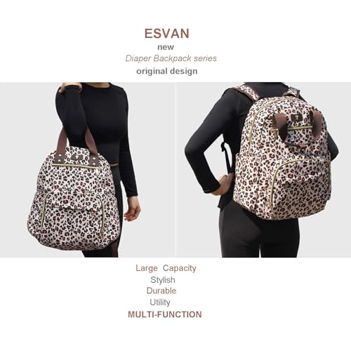 ESVAN Diaper Bag Backpack, Large Capacity Multifunction Baby Essentials Fashion Travel Pack Linen Canvas office Laptop Bag (Canvas leopard print) - color: Canvas Leopard Print