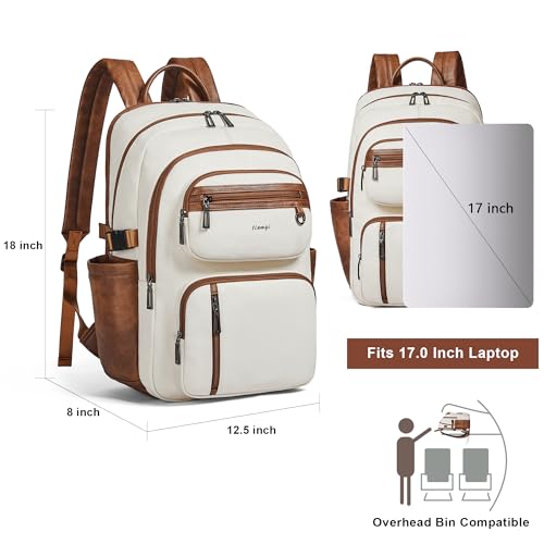 Vegan Leather Backpack, TSA Travel Backpack for Men and Women, Fits 17.0 Inch Laptop with Luggage Strap, Beige - color: Beige