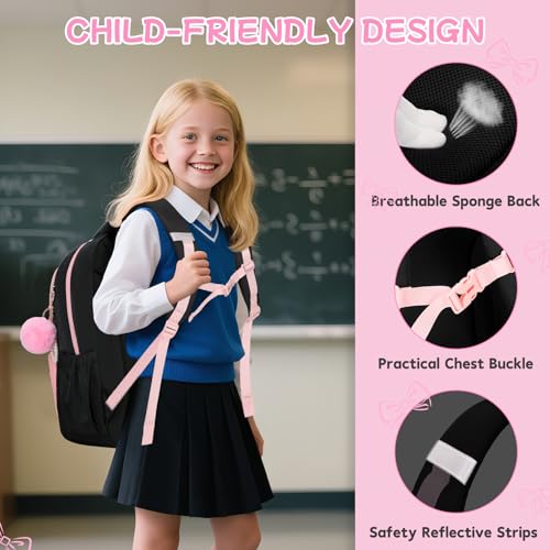 Girls Backpack, School Backpack for Girls, Cute Bow Kids Bookbag for Grils Children Teens for Elementary Middle High School Student, Back To School, Black Pink - color: Black Pink