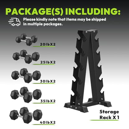 HANDBODE Rubber Coated Hex Dumbbell Set with A-Frame Rack, 100 lb - 600 lb Multiple Options Weight, Hexagon Non-Rolling Shape, Ergonomic Knurled Handle, Home Gym Equipment for Strength Training - style: 300 lb (20, 25, 30, 35, 40 lb) X 2 & Rack