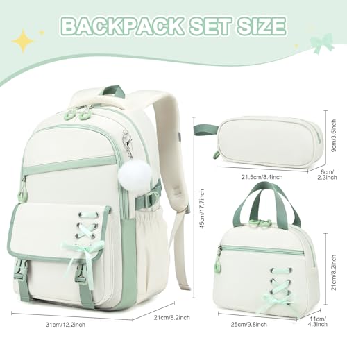 Scothen 3PCS Girls Backpack for School, Kids Backpack for Girls with Lunch Bag Pencil Case, Kids Bookbag Teen Backpacks for Elementary Middle High School - color: White-green