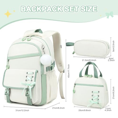 Scothen 3PCS Girls Backpack for School, Kids Backpack for Girls with Lunch Bag Pencil Case, Kids Bookbag Teen Backpacks for Elementary Middle High School - color: White-green