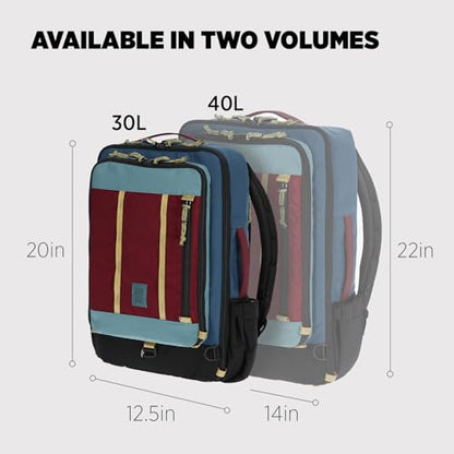 Topo Designs Global Travel Bag – 30L or 40L - Carry-On Compliant Most Airlines, Durable Travel Duffel Bag, Clam Shell Main Pocket, Laptop Sleeve, Backpack, Luggage (30L / Dark Denim/Burgundy) - color: Denim/Burgundy, size: 30L