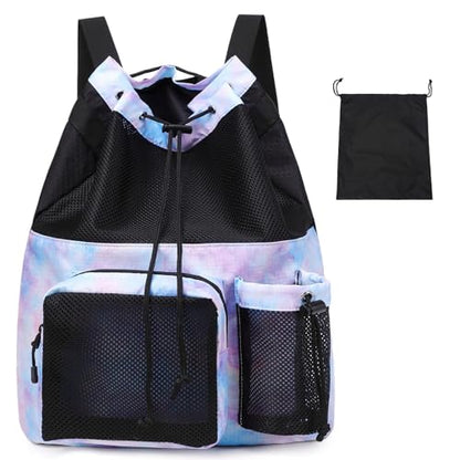 Lohol Large Mesh Drawstring Backpack with Shoe Bag, Durable Swimming String Sack with Handle for Sports Gym Yoga Beach Travel - color: Galalxy Purple Blue