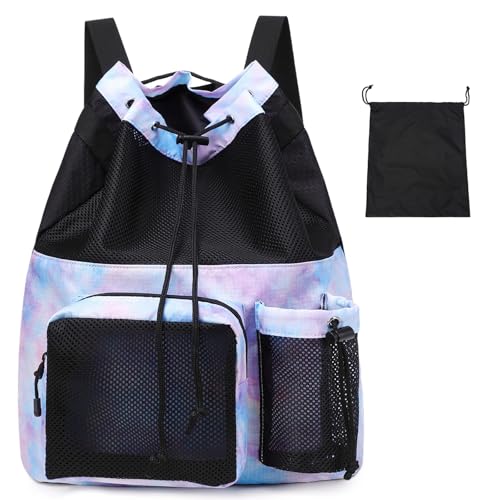 Lohol Large Mesh Drawstring Backpack with Shoe Bag, Durable Swimming String Sack with Handle for Sports Gym Yoga Beach Travel - color: Galalxy Purple Blue