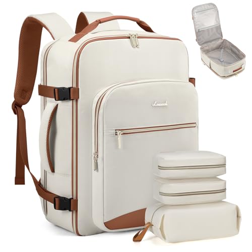 LOVEVOOK 50L Travel Backpack Flight Approved Carry on Backpack,3 Packing Cubes,Waterproof Personal Item Travel Bag,TSA Carry on Luggage Suitcase Travel Essentials,Gifts for Women & Men,fits 18" Laptop - color: Beige-brown, size: X-Large-50L-4Pcs