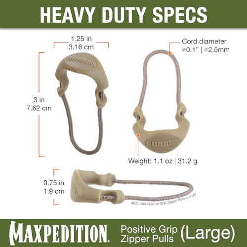 MAXPEDITION Positive Grip Zipper Pulls (Large, Tan) Pack of 6, Zipper Pull Replacement for Tactical Backpack, EDC Pouch, Bug Out Bag & Luggage, Sling Pull Tab, PZLTAN - color: Tan, size: Large