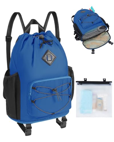 WANDF Drawstring Backpack with Removable Wet Pocket, Sandproof Beach Backpack with Bottom Compression Strap for Beach Mat, Swim Bag for Pool, Gym, Travel and Workout Gear (Navy Blue) - color: Navy Blue