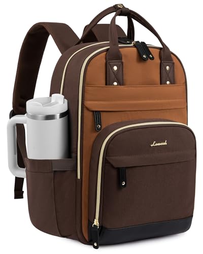 LOVEVOOK Laptop Backpack Women with Tumbler Holder,15.6 inch Work Travel Backpack Computer Laptop Bag,Cute College Nurse Teacher Backpack Purse,Gifts for Women & Men,Brown-Yellowish-brown-Coffee brown - color: Brown-yellowish-brown-coffee Brown, size: 15.