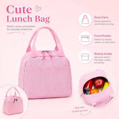 BTOOP School Backpacks for Teen Girls Bookbags Lightweight Kids Backpack School Bags Set with Lunch Box Pencil Case - color: Pink White Stripe