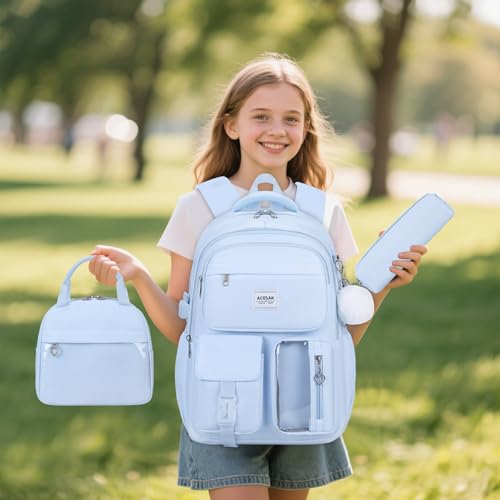 ACESAK Backpack for Girls - Girls Backpack with Lunch Bag & Pencil Pouch for Teen Kids Laptop Backpack for Women, Elementary Middle High School Bookbag Travel Daypack (Blue) - color: Blue