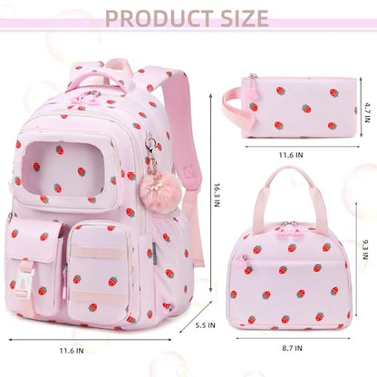 AO ALI VICTORY Backpack for Girls with Lunch Bag Kids School Bags for Elementary Middle School Students Cute Bookbag Set (strawberry set) - color: Strawberry Set