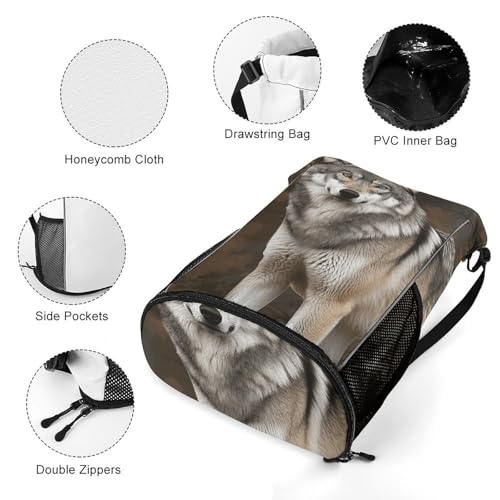 Drawstring Gym Backpack with Shoe Compartment And Wet Pocket, 28L Lightweight Waterproof Wild Wild Gray Wolf Sports Backpack for Workout Swim Beach Travel String Bag for Men Women