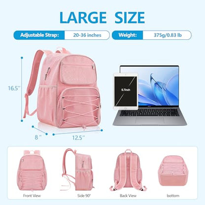 Paxiland Mesh Backpack Heavy Duty See Through Mesh Bookbag Large Backpack for Travel Swimming Outdoor Sports Beach, Pink - color: Pink-27l