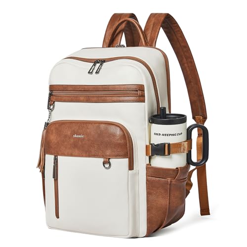 Shrrie Vegan Leather Laptop Backpack for Women,17 Inch Computer Backpack Purse for Work Business College Travel Teacher Nurse with Anti-theft Pocket & Giant Tumbler Holder Pocket,Beige with Brown - color: Beige With Brown