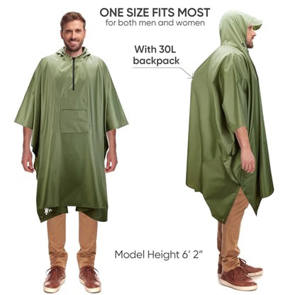 PTEROMY 3-in-1 Hooded Rain Poncho for Adult with Pocket, Waterproof Lightweight Unisex Raincoat for Hiking Camping Emergency - color: Green 1/4 Zipper