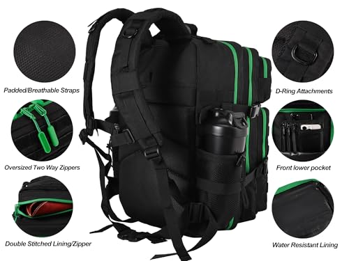 LHI Military Tactical Backpack for Men and Women 45L Army 3 Days Assault Pack Bag Large Rucksack with Molle System - Black with green zipper - color: 1.0 Black With Green Zipper