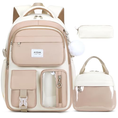 ACESAK Backpack for Girls - Girls Backpack with Lunch Bag & Pencil Pouch for Teen Kids Laptop Backpack for Women, Elementary Middle High School Bookbag Travel Daypack (Khaki) - color: Khaki