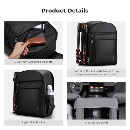 K&F CONCEPT Camera Bag Backpack, Professional DSLR/SLR/Mirrorless Camera Backpack, Photography Camera Case with Tripod Holder & Rain Cover Compatible with Canon/Sony/Nikon/FUJIFILM - color: 03-Bright Black
