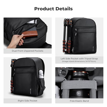 K&F CONCEPT Camera Bag Backpack, Professional DSLR/SLR/Mirrorless Camera Backpack, Photography Camera Case with Tripod Holder & Rain Cover Compatible with Canon/Sony/Nikon/FUJIFILM - color: 03-Bright Black