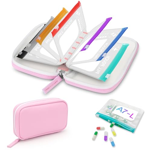 Timueetech A7 Waterproof Pill Organizer with 7 PCS L Size Zippered Pill Pouches for A7 Binder, Large BPA-Free Weekly Medicine Organizer, Color-Coded Reusable Travel Pill Storage System - color: Pink