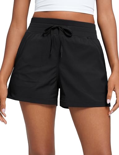 CRZ YOGA Lightweight Casual Shorts for Women 3.5" - High Waisted Linerless for Athletic Lounge Hiking with Zip Pockets - color: Black, size: X-Large