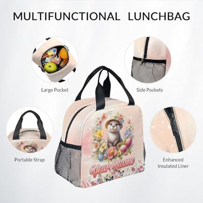 Mercuryelf Personalized Backpack for Girls, Otter 3PCS Kids Backpack Set with Lunch Bag & Pencil Case; 17 Inch Water Resistant School Bookbag for Elementary Kindergarten - color: Pink