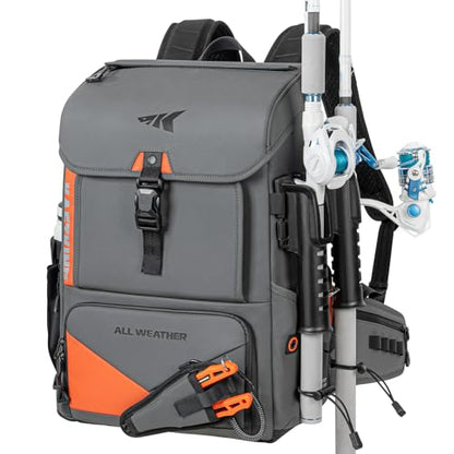 KastKing All Weather Fishing Tackle Backpack with Removable Rod Holders,Waterproof ArmorShield Fabric Fishing Bag Storage Fishing Gear - color: B: Grey（Without Waterproof Tackle Box）