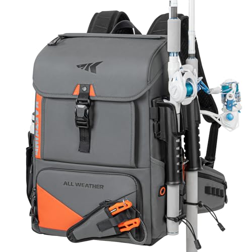 KastKing All Weather Fishing Tackle Backpack with Removable Rod Holders,Waterproof ArmorShield Fabric Fishing Bag Storage Fishing Gear - color: B: Grey（Without Waterproof Tackle Box）