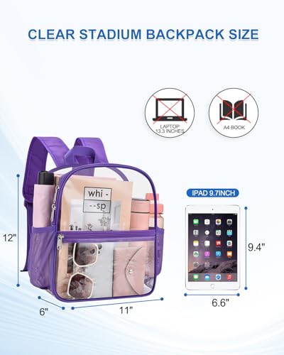 Clear Backpack for Stadium Events, 12x12x6 Small Clear Plastic bag with Reinforced Straps for Game Security Festival Concert - color: Purple