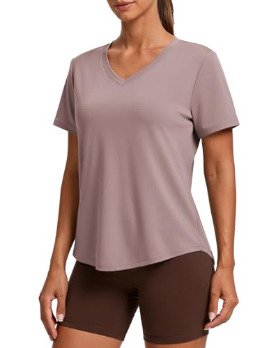 PINSPARK Soft Workout Tops for Women Short Sleeve V Neck Moisture Wicking UPF 50+ Sun Protection Quick Dry Gym Shirts - color: 06 Warm Tan, size: Small