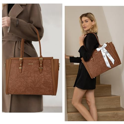 MOSISO Laptop Bag for Women, 15.6-16 inch PU Leather Tote Bag Compatible with MacBook, HP, Dell, Asus Notebook, Front Embossed Retro Hibiscus Computer Bags with Silk Scarf&Clutch Purse, Brown - color: Brown, size: 16 inch