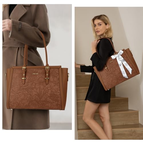 MOSISO Laptop Bag for Women, 17-17.3 inch PU Leather Tote Bag Compatible with MacBook, HP, Dell, Asus Notebook, Front Embossed Retro Hibiscus Computer Bags with Silk Scarf&Clutch Purse, Brown - color: Brown, size: 17.3 inch