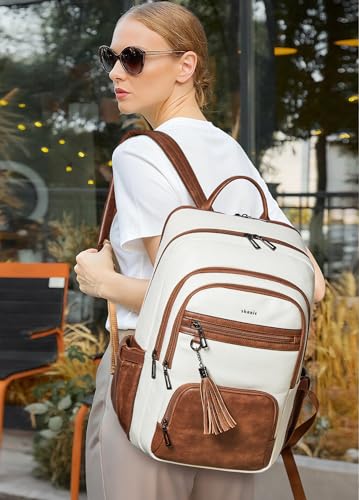 Shrrie 17 Inch Faux Leather Laptop Backpack for Women with Large Cup Holder - color: Beige With Brown