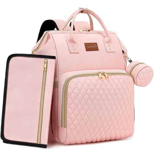 ROSEGIN Pink Diaper Bag Backpack for Baby Girls - Baby Shower Gifts for Mom, Quilted Diaper Bag with Changing Pad, Pacifier Case, Insulated Pockets, Stroller Straps, 35L Large Capacity - Cute - color: Pink