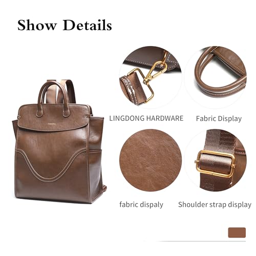 Retro Brown Leather Square Flap School Commuter Backpack Handbag for Women