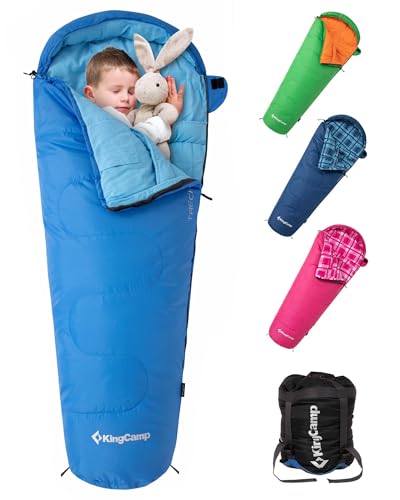 KingCamp 45°F Kids Sleeping Bag, Lightweight Waterproof & Compact Flannel Sleeping Bags Cold Weather & Warm Youth Essentials Gear Accessories for Camping, Fits 10-12 Children up to 4'7"-5'5" Tall - color: Mummy 8.6°F ~42.8°F Blue
