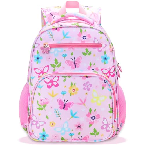 RHCPFOVR Kids Backpack for Girls - Girls Backpack 3-8 Ages Butterfly for Kids 15 Inch School Bookbag for Kindergarten Elementary School Bookbag for Girl 1st 2nd Grade - style: Pink Flowers