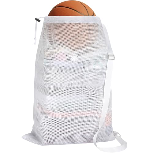 NATURAL STYLE Large Mesh Drawstring Backpack Bag, Gym Sports String Bag, Outdoor Workout Beach Swim Bag (White) - color: White