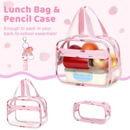 ACESAK Clear Backpack for Girls - 3 Pcs Clear Backpack Heavy Duty with Lunch Bag - See Through Bookbag Stadium Approved for Kids Middle High College School(Pink Strawberry) - color: Pink Strawberry