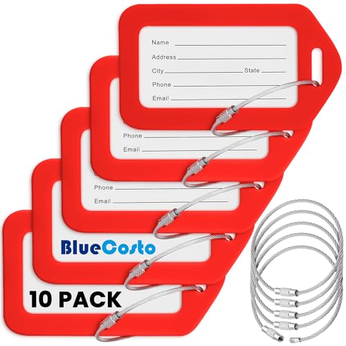 BlueCosto - Luggage Tags - Red, 10 Pack - Suitcase Tags with Name ID Card & Heavy-Duty Metal Wire Loops - Bright Colored PVC Identifiers for Travel Baggage - Backpack Name Labels - color: Red, size: 10