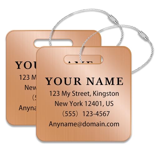 Personalized Metal Luggage Tags (2 Pack), Customizable Icon Text, Laser Engraved Waterproof Durable, for Bags, Backpack Travel, Suitcases (Rose Gold) - color: Square Rose Gold