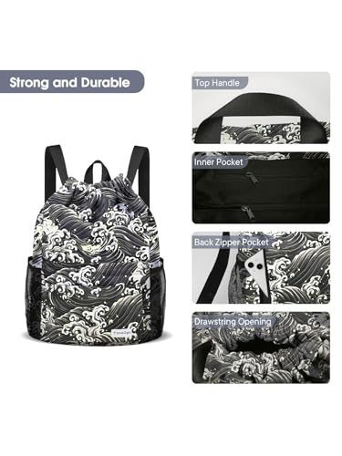 Waterproof Drawstring Backpack Sports Gym Sackpack with Mesh Pockets Water-Resistant String Cinch Beach Bag for Men Women - color: Print - Black Waves