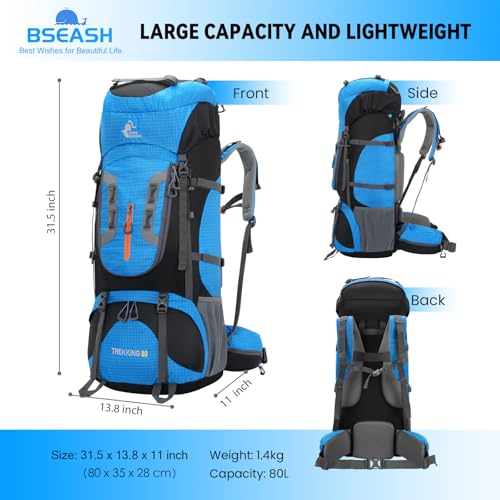 Bseash 80L Waterproof Hiking Camping Backpack with Rain Cover, Lightweight Outdoor Sport Travel Daypack for Climbing Touring (Blue) - color: Blue