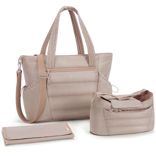 mommore Diaper Bag Tote with Stroller Organizer Puffer Bag Large Capacity Baby Bag with Changing Pad for Travel, Hospital - color: Khaki