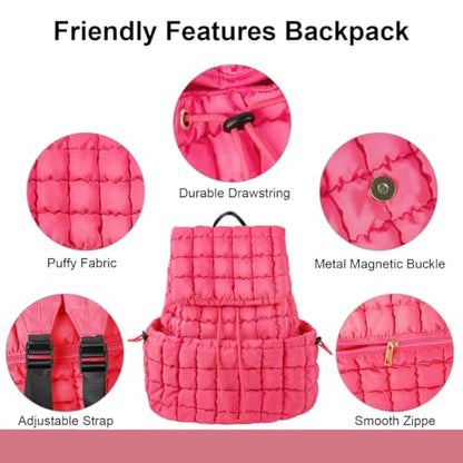 XSUIOY Quilted Backpack Purse for Women Small Lightweight Puffer Puffy College Laptop Backpack Nylon Casual Bookbag Daypack Top Flap Drawstring Padding Hiker Travel Gym Backpack(Rosered) - color: Rosered