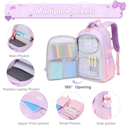 ACESAK Girls Backpack - 3PCS Backpack for Girls Cute School Backpacks for Girl Kindergarten Elementary Preschool Middle Kids School Bags with Lunch Box Pencil Case Set (Purple Pink) - color: Purple Pink