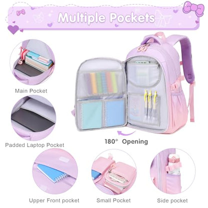 ACESAK Girls Backpack - 3PCS Backpack for Girls Cute School Backpacks for Girl Kindergarten Elementary Preschool Middle Kids School Bags with Lunch Box Pencil Case Set (Purple Pink) - color: Purple Pink