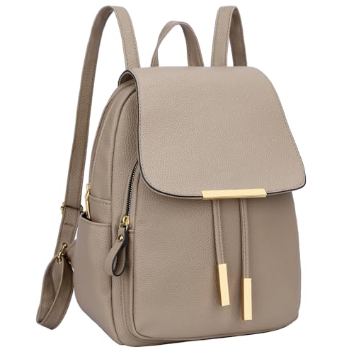 KKXIU Women’s Stylish Leather Backpack Purse – Lightweight Travel Backpack with Multiple Pockets, Lychee Grain PU Leather, Gold Hardware (A-Khaki, 10x12x4.5 Inches) - color: A-khaki, style: Backpack