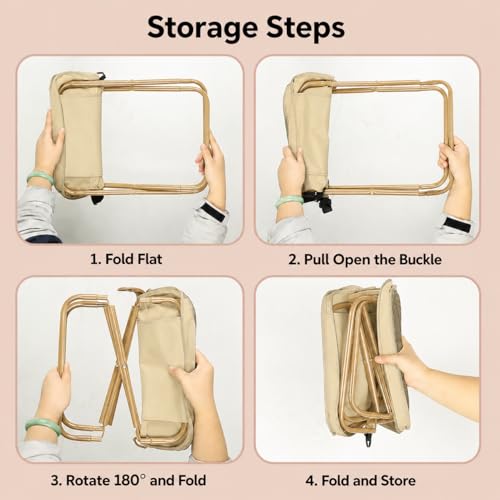 Foldable Backpack Stool, Folding Backpack Stool with Shoulder Strap & 2 Side Pockets, Collapsible Folding Stool for Camping, Fishing, Hiking, Travel & Outdoor (Khaki)